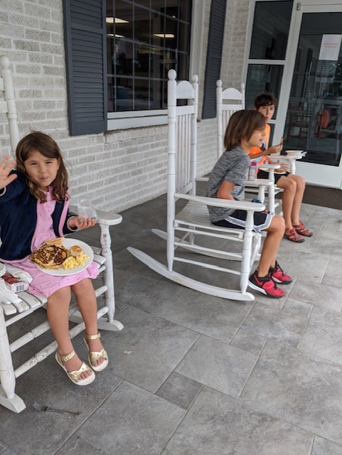 Eating breakfast outside of the hotel in Harrisonburg